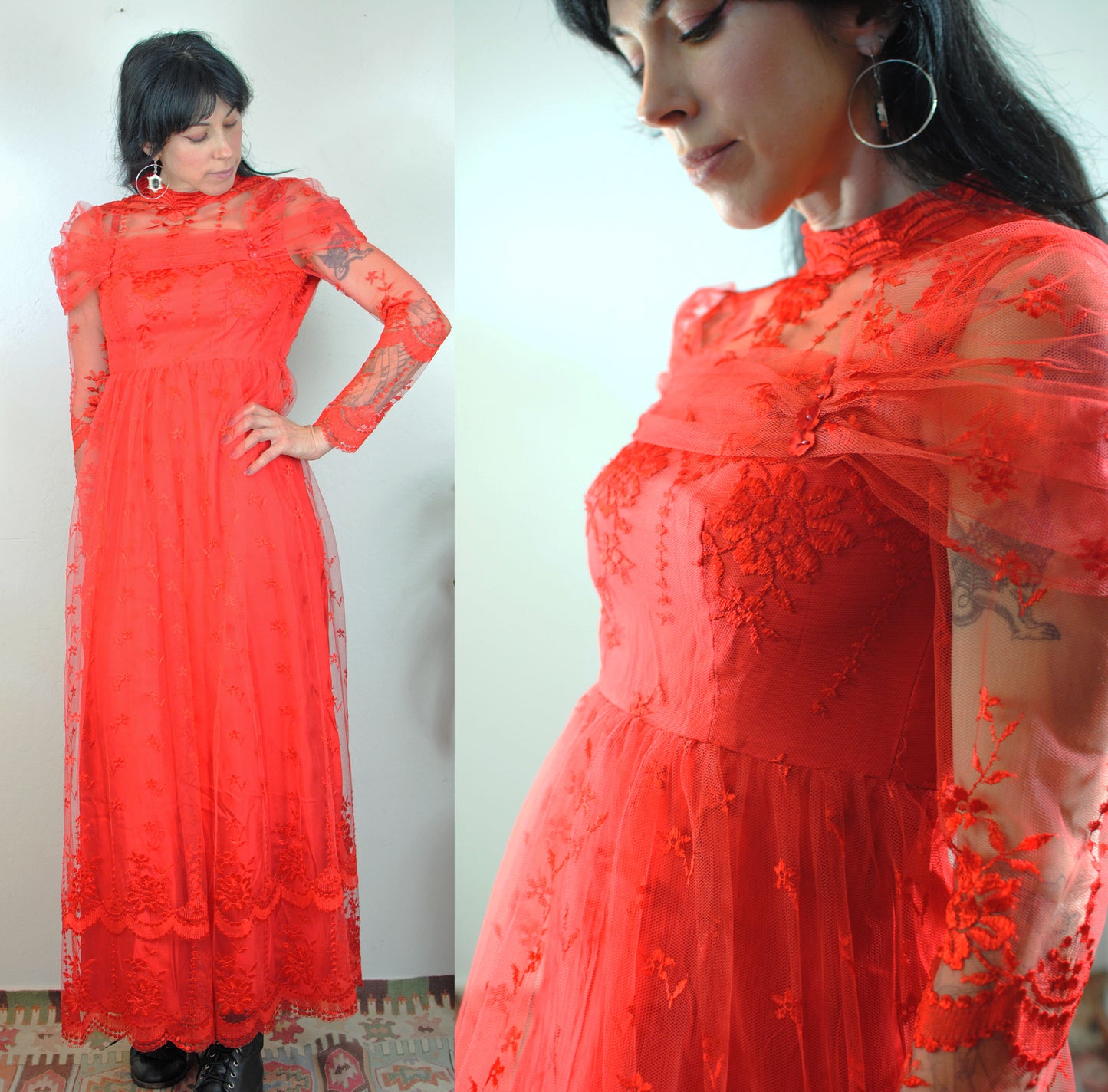 Sheer lace red dress long sleeve zip back hand made halloween costume extra small