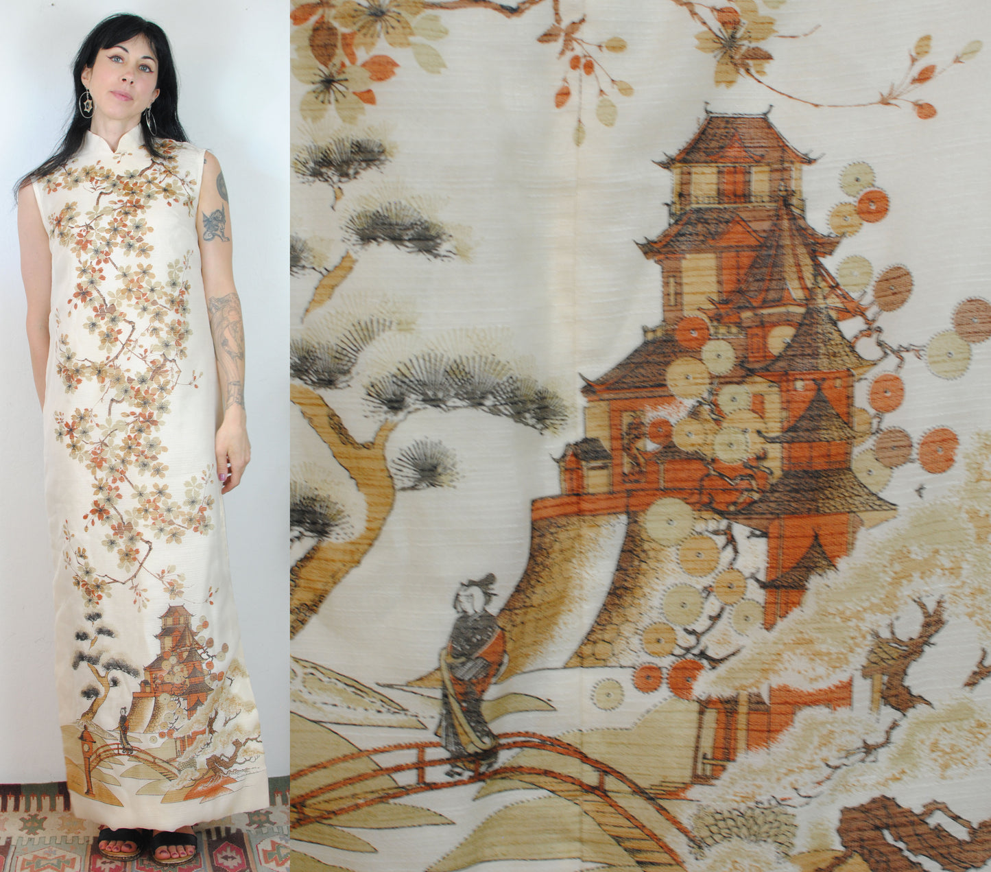 Signature Alfred Shaheen maxi dress 70s Asian art screen print off white orange brown sleeveless