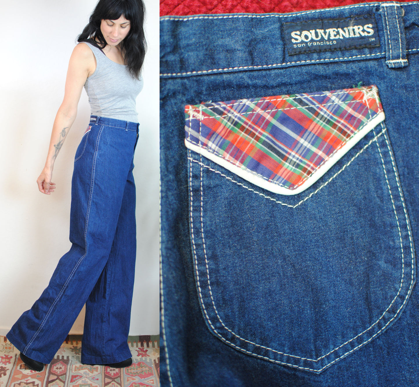 Dark denim 70s Souvenirs of San Fransisco wide bottom bell bottom plaid pocket